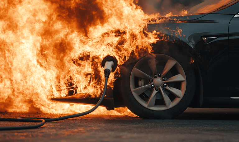 Véhicule en feu branché à une borne de recharge.